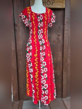 Smocked Red Tropical Maxi Dress